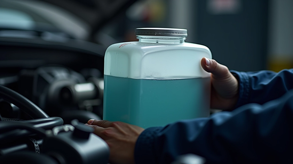 Close-up of coolant reservoir with color-coded level markers and transparent plastic showing liquid inside