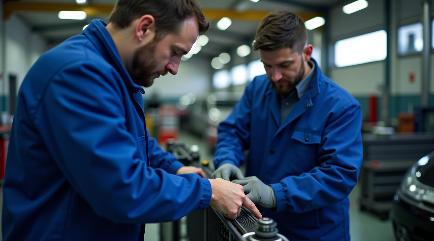 Professional mechanic inspecting radiator system in modern workshop environment
