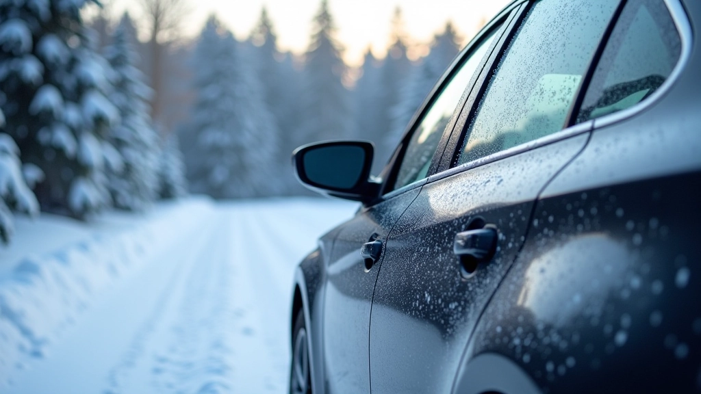Parked car in snowy winter landscape with frost on windows and frozen ground