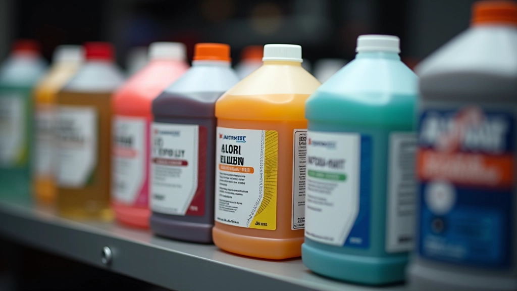 Array of coolant bottles in different colors arranged on workshop shelf with specification labels clearly visible