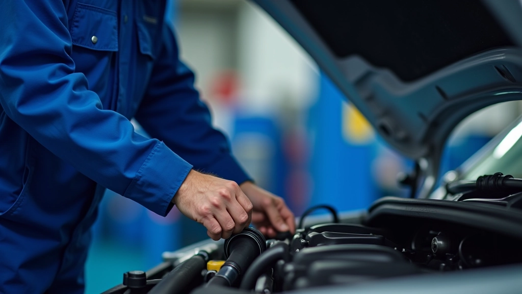 Mechanic's hands holding radiator cap and inspecting coolant hose connections in engine bay during maintenance