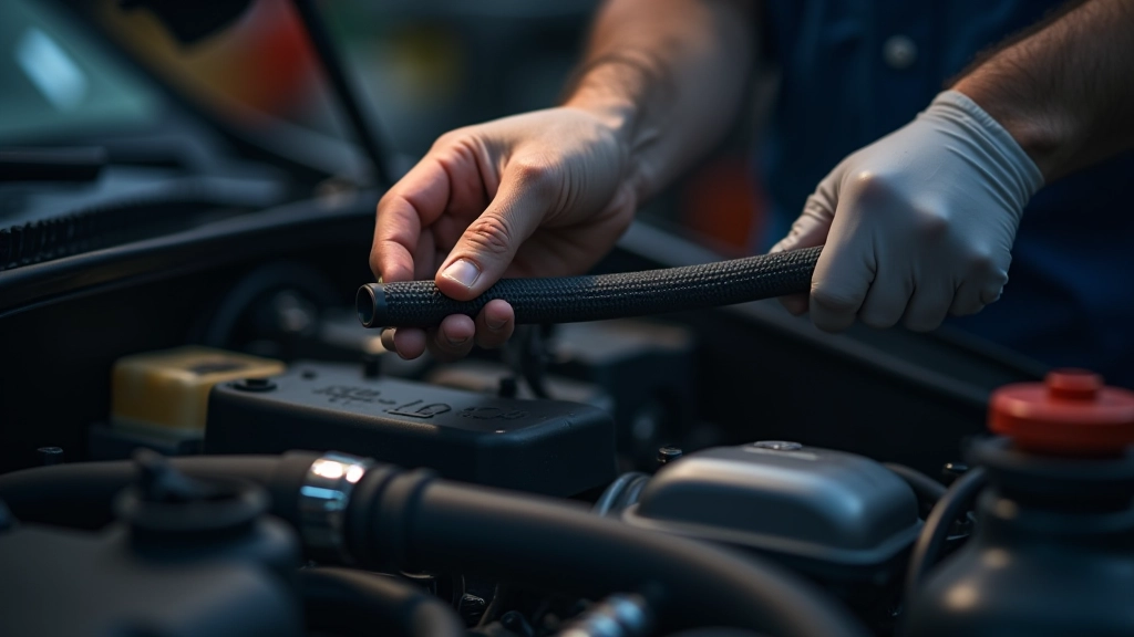 Technician's hands pointing to damaged coolant hose showing visible cracks and deterioration in engine compartment