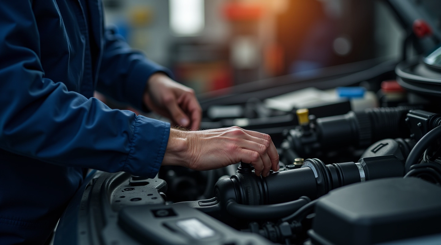 Professional mechanic performing radiator system inspection under vehicle hood