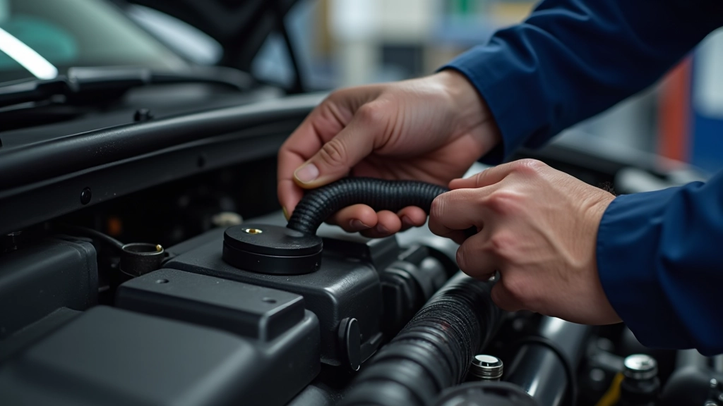 Mechanic removing old cracked coolant hose from engine and preparing to install new replacement hose