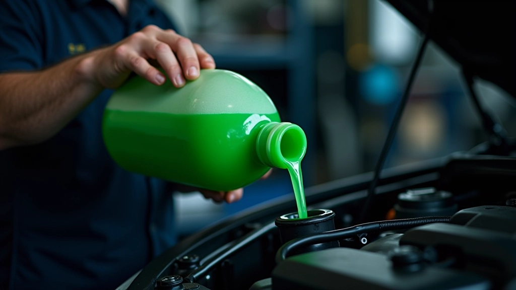 Mechanic pouring fresh green coolant liquid into radiator reservoir bottle