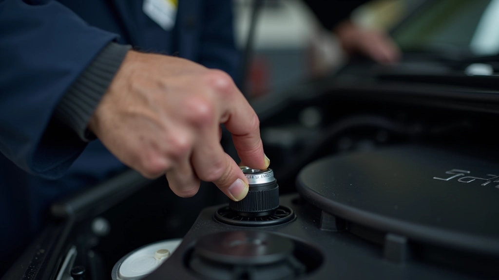 Mechanic checking coolant level in radiator reservoir using a dipstick, close-up view of measurement markings