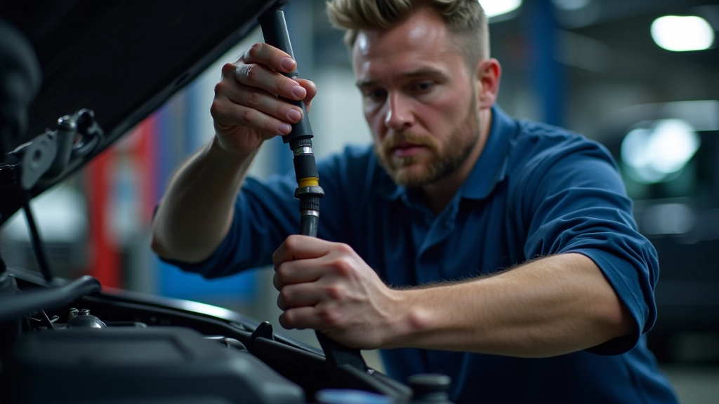 Technician carefully inspecting radiator coolant hose connections during maintenance