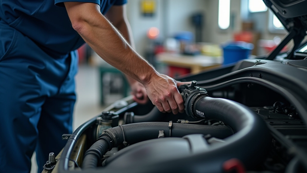 Car mechanic inspecting coolant hoses for cracks and wear damage under vehicle hood