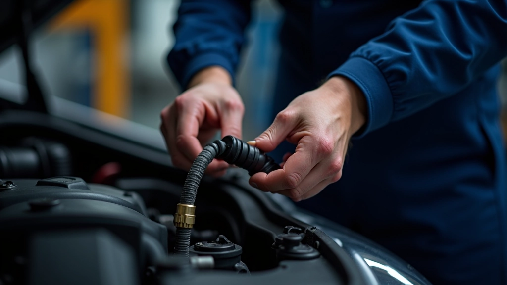 Technician inspecting coolant hoses for cracks and deterioration during radiator service